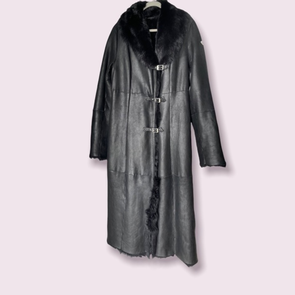 Post Card womens black long shearling lamb coat Size 10